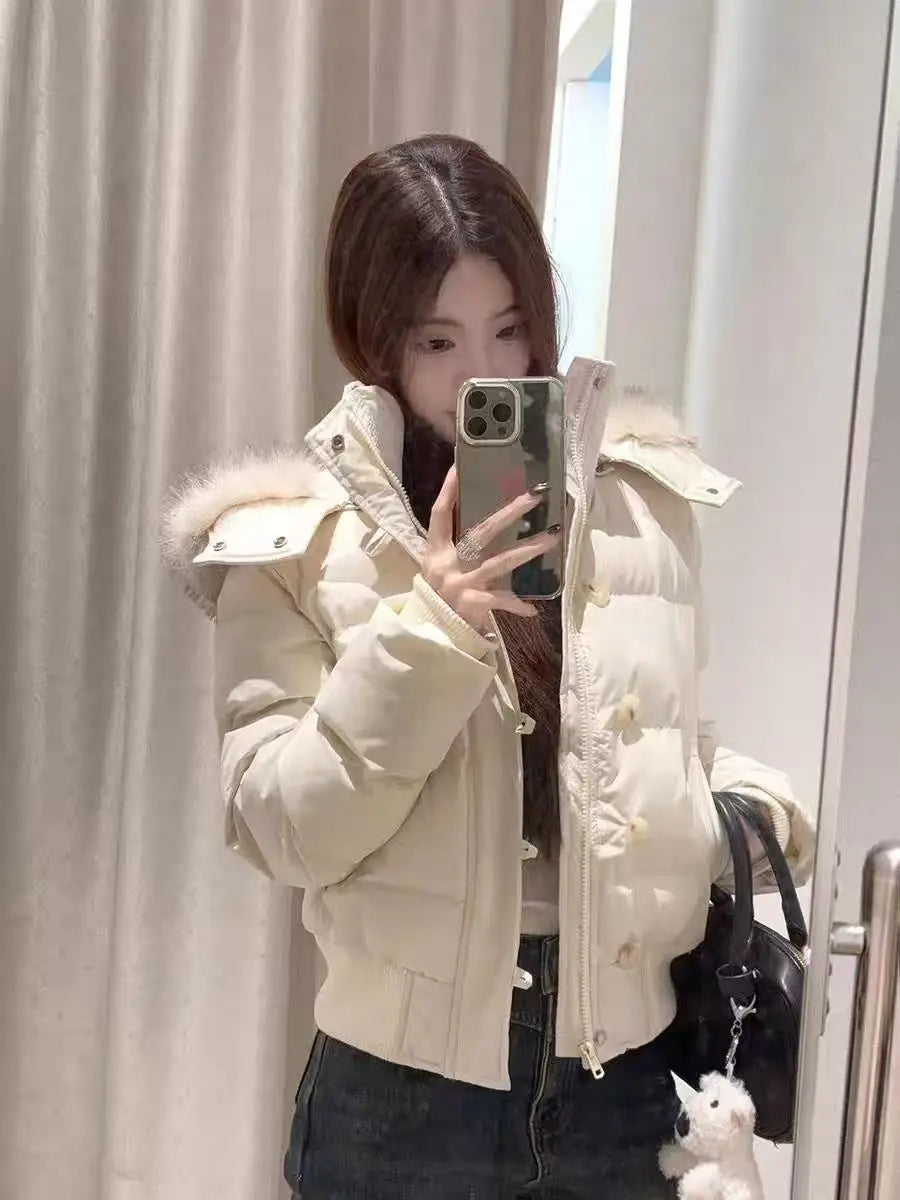 Women's American Retro Hooded Cotton-Padded Winter Coat Faux Fur Collar Solid Color Warm Insulated Jacket Loose Fit Casual Outerwear