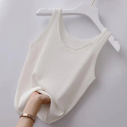 Haut court décontracté basique en tricot à col en U sans manches et de couleur unie pour femme, idéal pour l'automne