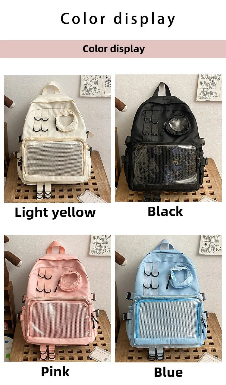 Mochila Ita Kawaii Estilo Collage – Mochila Escolar Transparente con Bolsillo en Forma de Corazón para Adolescentes, Mochila de Moda Japonesa JK, Mochila para Laptop para Mujeres, Bolso de Hombro para Estudiantes Estilo Harajuku 2024