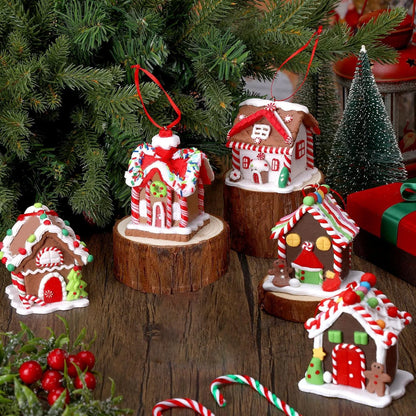 5PCS Gingerbread House Christmas Ornaments – Holiday Tree Hanging Decorations with Rope, Gingerbread House Decor for Xmas & Home