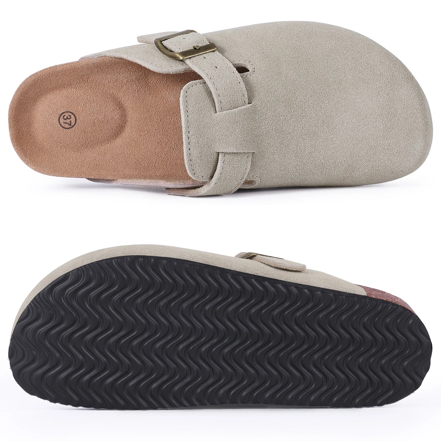 Kidmi Zuecos de ante de vaca para mujer y hombre, mules con plantilla de corcho, correa ajustable y soporte para el arco del pie