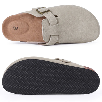 Kidmi Zuecos de ante de vaca para mujer y hombre, mules con plantilla de corcho, correa ajustable y soporte para el arco del pie