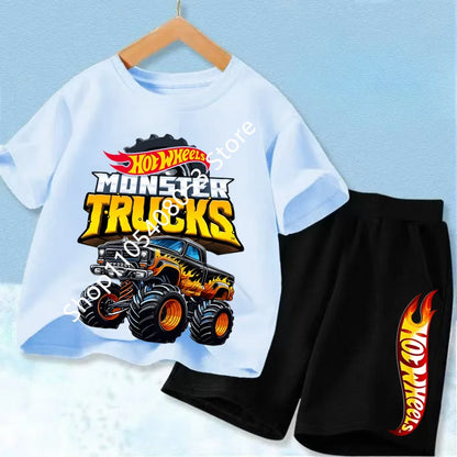 Conjunto de camiseta y pantalón corto de coche de carreras para niños, mezcla de algodón, atuendo de verano para niños y niñas