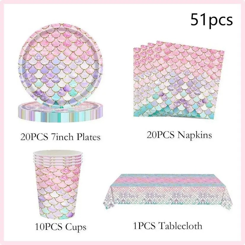 Mermaid Birthday Party Decorations Set – Balloons, Tableware, Tablecloth & Hanging Banner for Kids' Parties, Favors & Supplies Kit