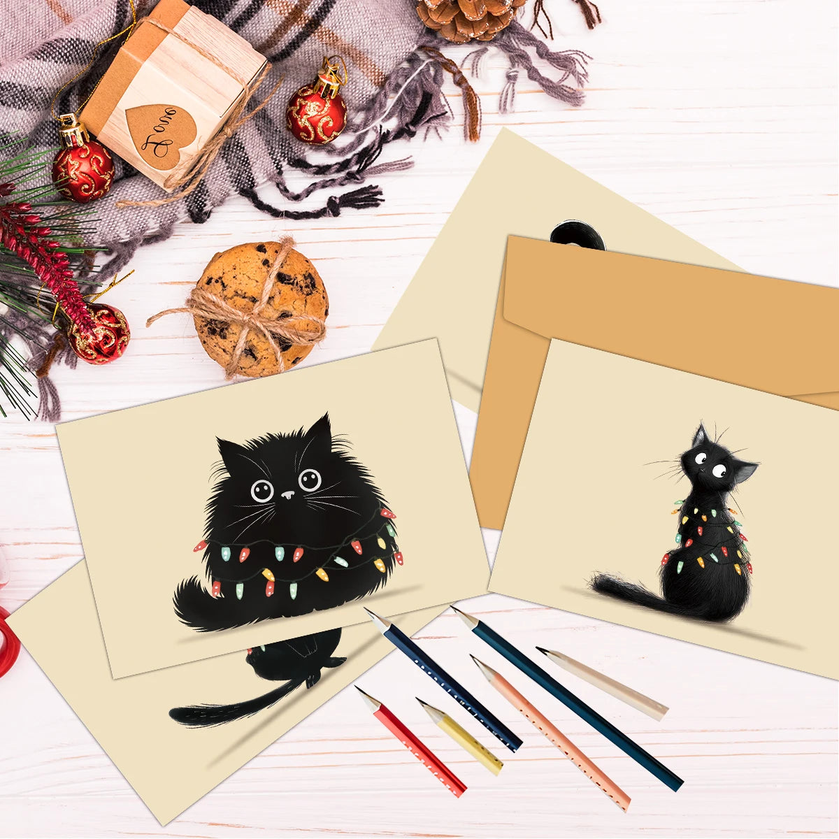 12PCS Christmas Black Cat Greeting Cards with Envelopes – Festive Holiday Stationery for Warm Wishes, Card Exchange & Party Decor