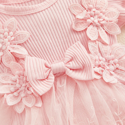 Vestido de mameluco 3D con flores para bebé – Body de malla de princesa de verano con volantes de encaje, conjunto de recién nacido con diadema a juego, ropa linda para niños para ocasiones especiales y uso diario