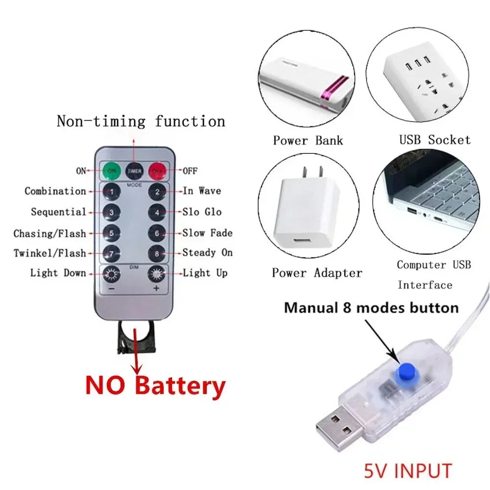 Luces USB LED de Cortina – 8 Modos de Iluminación con Control Remoto para Decoración de Dormitorio, Boda, Festividades y Hogar (3M/6M)