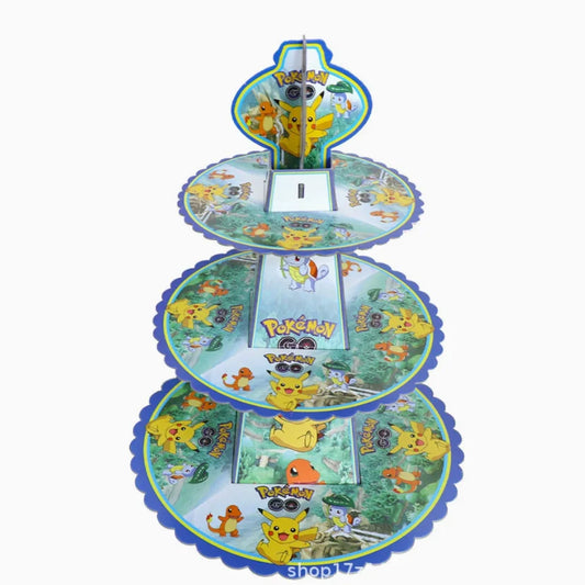 Soporte para Tartas de 3 Niveles Pokémon Pikachu – Bandeja de Postres de Dibujos Animados para Decoraciones de Fiestas de Cumpleaños Infantiles y Suministros para Fiestas