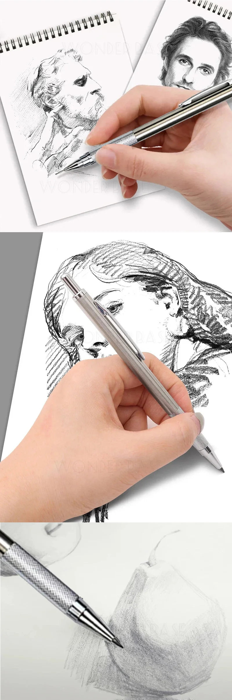 Crayon mécanique entièrement métallique de 0,3/0,5/0,7/0,9/1,3/2,0/3,0 mm – Crayon de dessin technique de précision pour l'esquisse, le dessin, la peinture, l'art, les fournitures de bureau et scolaires