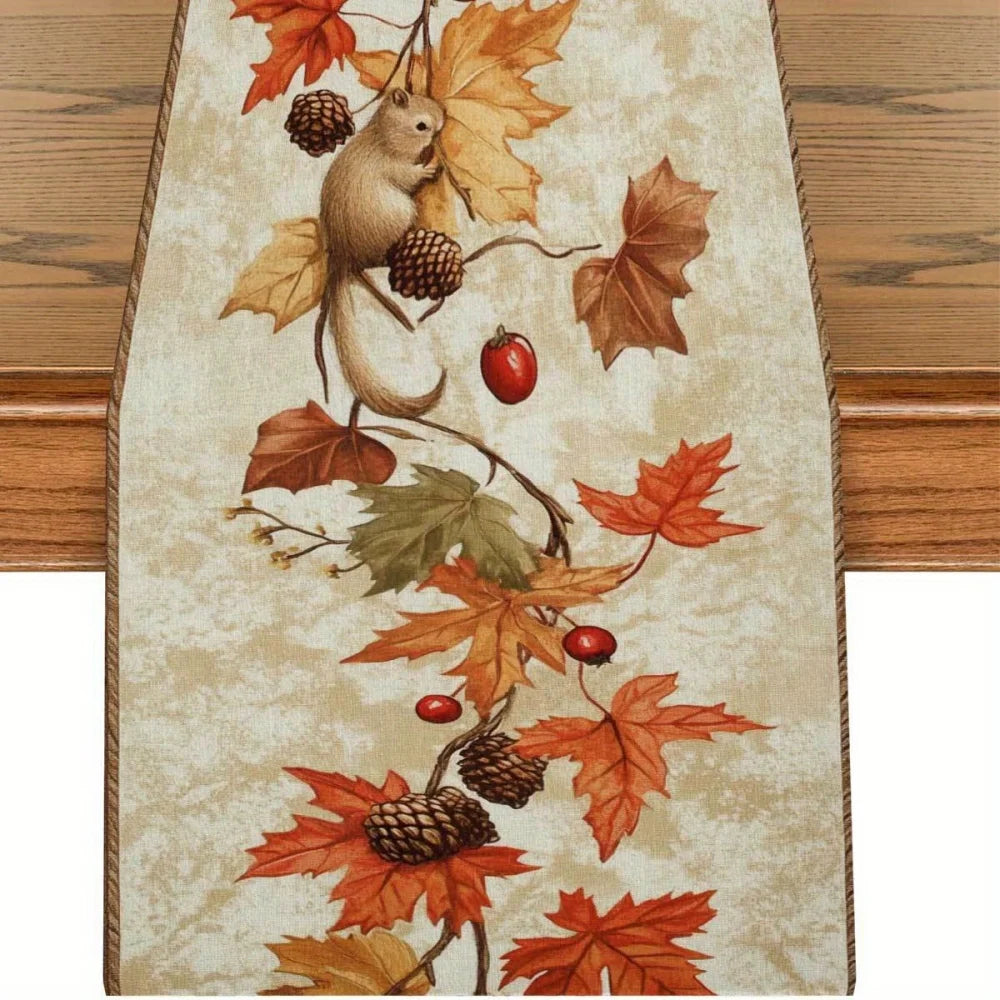1PC Autumn Squirrel & Maple Leaf Table Runner – Cozy Fall Farmhouse Decor for Thanksgiving, Dining Tables & Holiday Gatherings