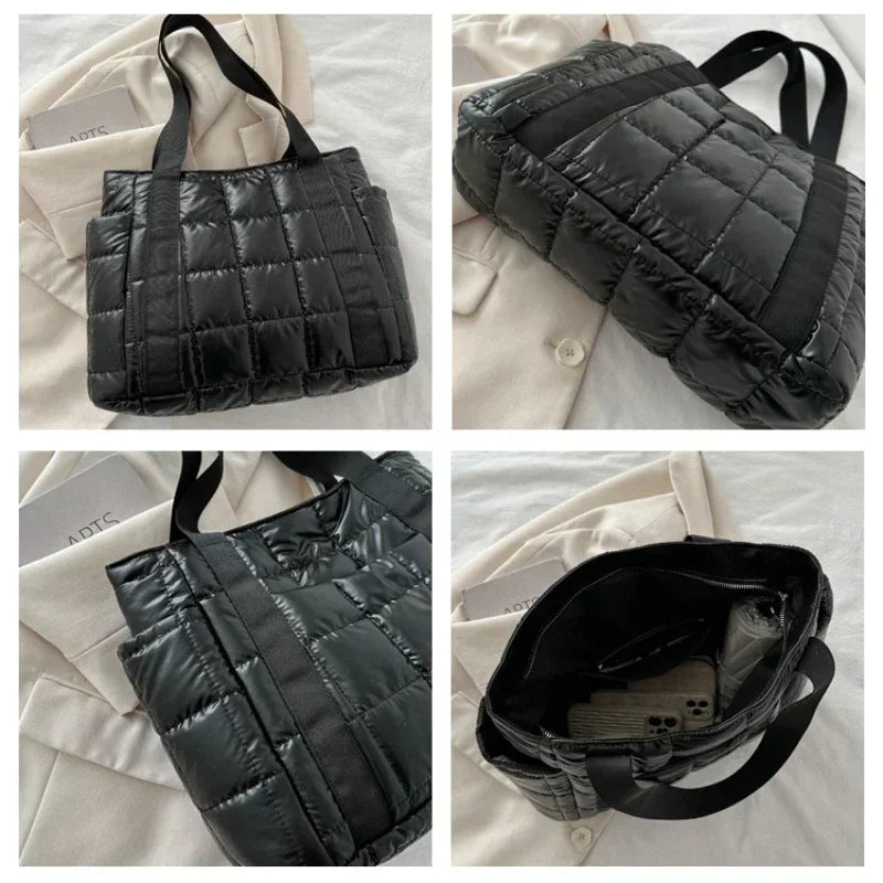 Sac à bandoulière matelassé pour femmes – Grand sac fourre-tout en nylon pour l'hiver 2025, motif en coton chaud, sac à main de voyage décontracté et tendance