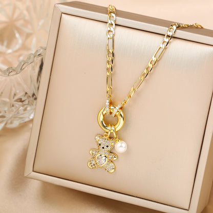High Quality Shiny Crystal Zirconia Cute Bear Pendant Necklace Choker for Women Girls Holiday Collarbone Chain Gift