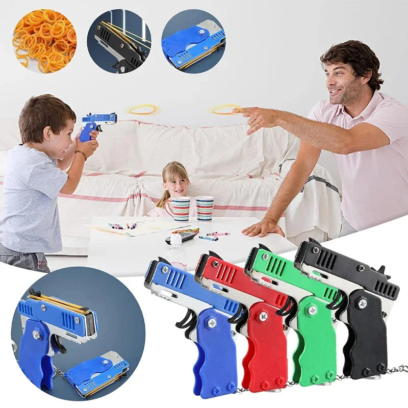 Llavero de pistola de goma de metal - Mini pistola de juguete de aleación con 60 gomas elásticas para juegos al aire libre, diversión en fiestas y regalos