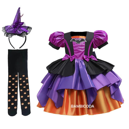 Girls Pumpkin Halloween Costume Dress – Fancy Bat Print Witch Princess Ball Gown for Cosplay, Festival & Party