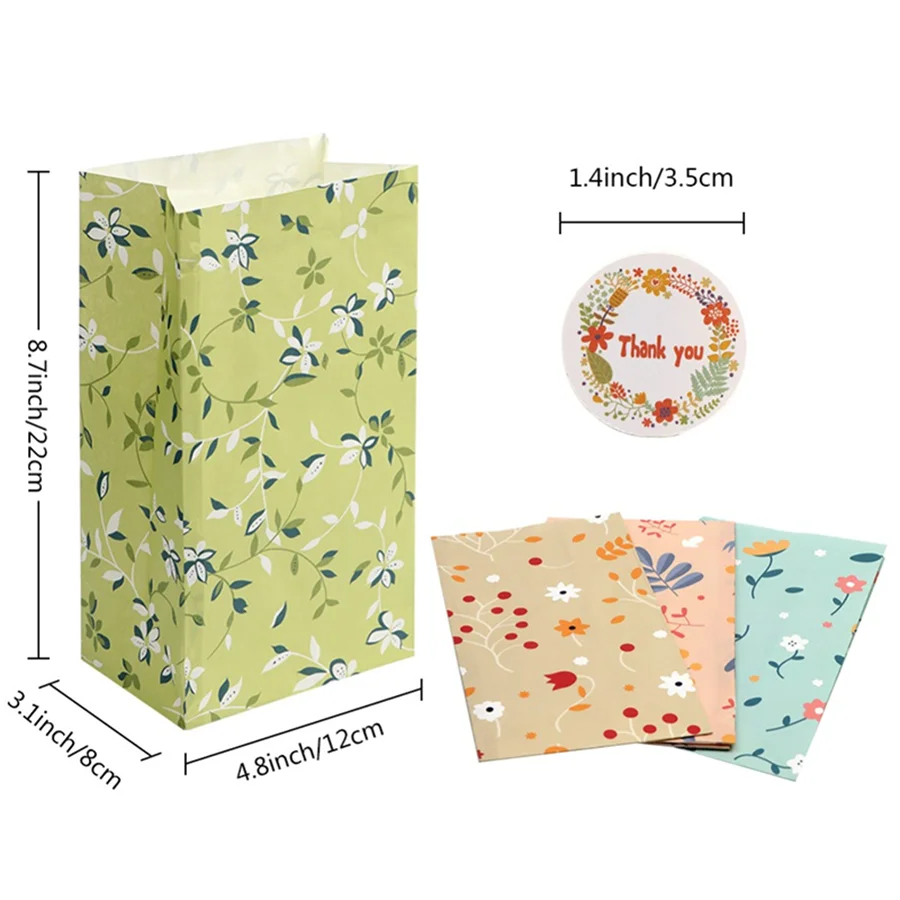12/24PCS Plant Pattern Kraft Paper Gift Bags with Stickers for Candy, Cookies, Bakery Treats & Gift Packaging