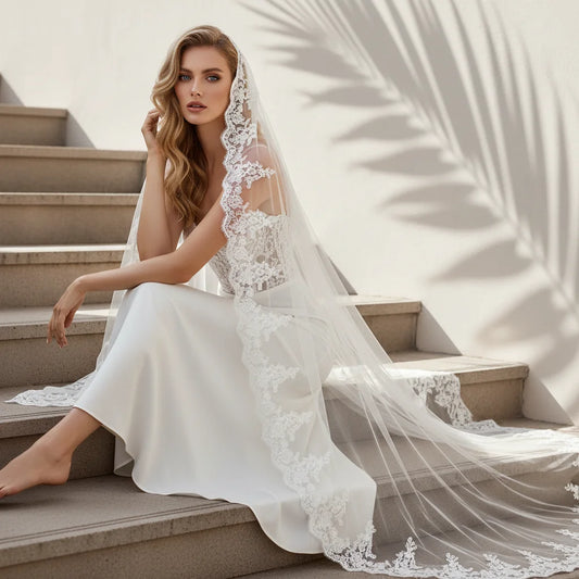 Velo de novia largo de encaje – Velo de novia tipo mantilla española con borde de encaje | Elegante accesorio para el vestido de la novia y su séquito