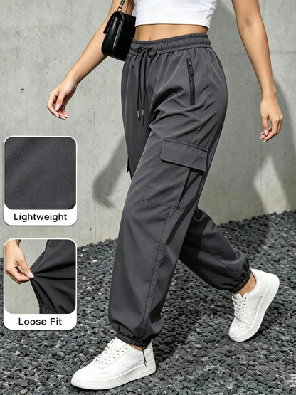 Women's Quick-Dry Hiking Cargo Pants – Water-Resistant Lightweight Trousers with Elastic Waist & Zip Pockets for Travel, Work & Running