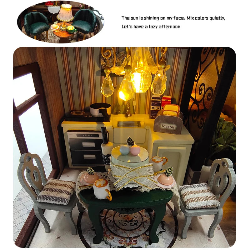 Wooden Dollhouse 3D Puzzle Kit – DIY Miniature Room Model with Furniture & LED Lights Home Decoration