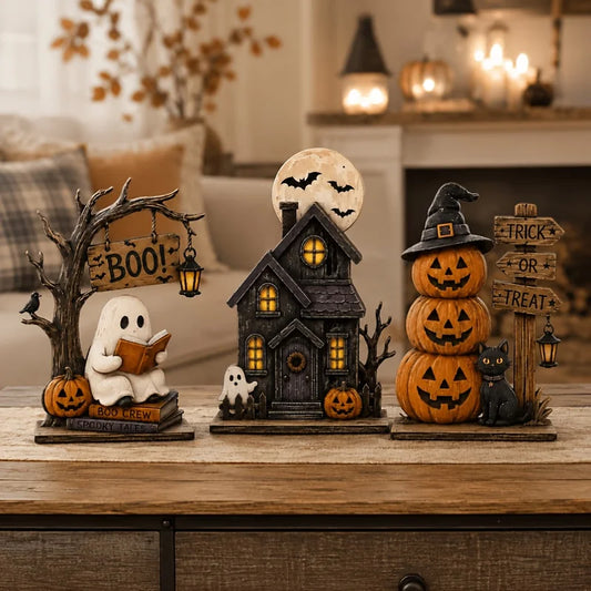 6/3PCS Vintage Halloween Wooden Decorations – Random Assorted Ghost, Black Cat & Pumpkin Blocks for Shelf, Table & Indoor Autumn Decor