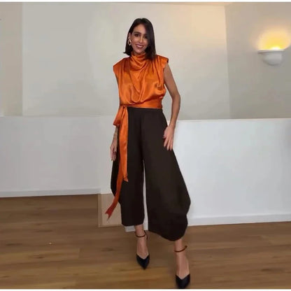 Women’s 2026 Spring Orange Sleeveless Satin Top Long Ribbon Elegant Stylish Fashion Blouse