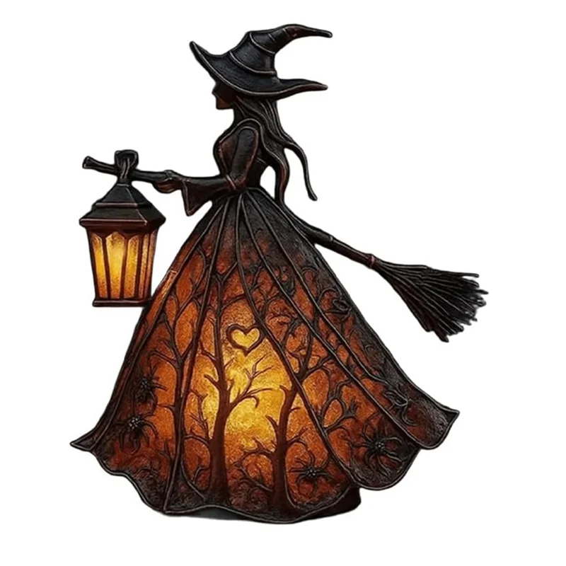AT44 Halloween Witch Table Lamp – Gothic Spooky Light with Holding Lantern Design for Home, Porch & Halloween Party Decor