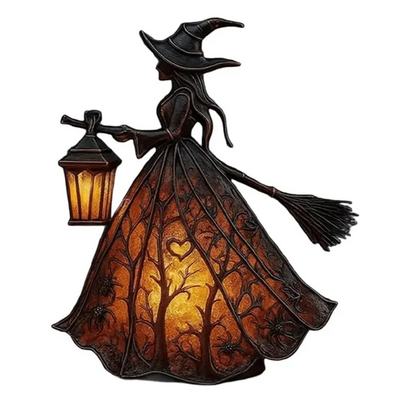 AT44 Halloween Witch Table Lamp – Gothic Spooky Light with Holding Lantern Design for Home, Porch & Halloween Party Decor