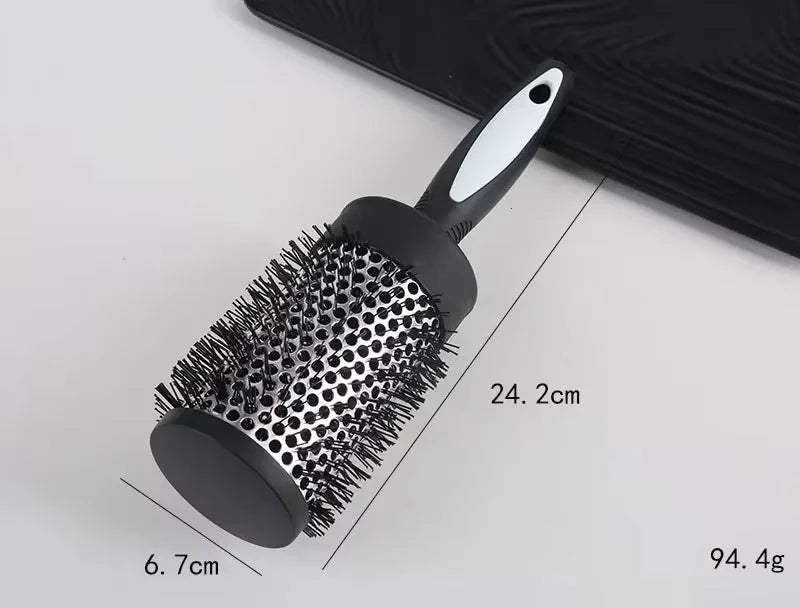Round Hair Styling Brush – Nylon Bristle Comb with Thermal Aluminum Barrel for Curling, Blow-Drying & Volume, Professional Hairdressing Tool
