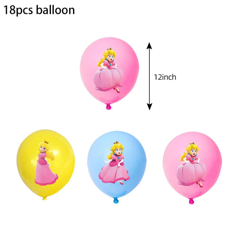 Princess Peach Party Supplies Set – Cartoon Anime-Themed Tableware, Balloons & Decorations for Children's Birthdays & Baby Showers