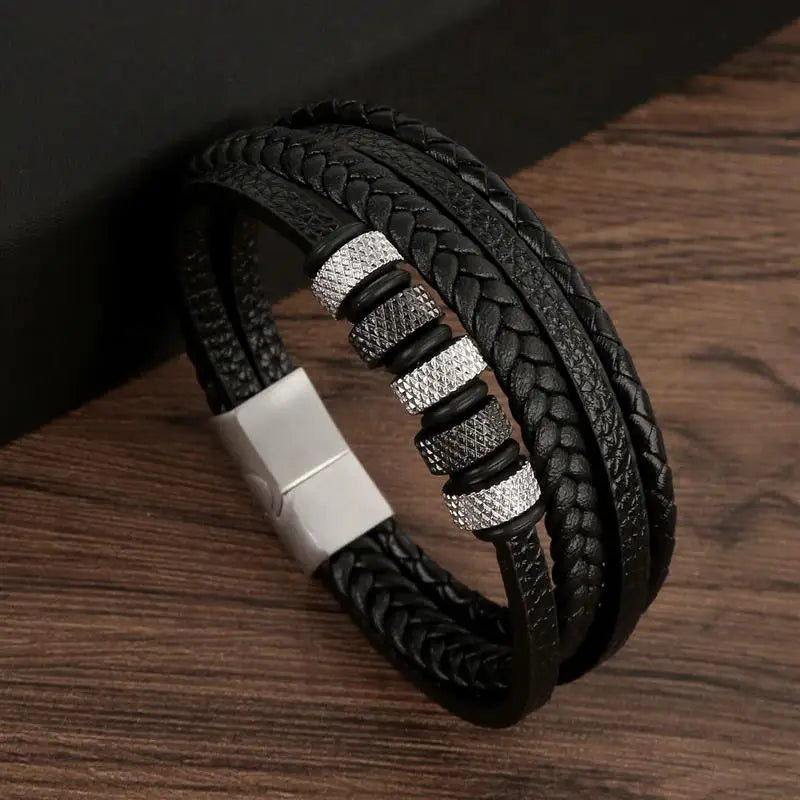 Pulsera de cuero clásica para hombre – Pulsera multicapa tejida a mano para hombre | Accesorio de joyería de moda casual, regalo