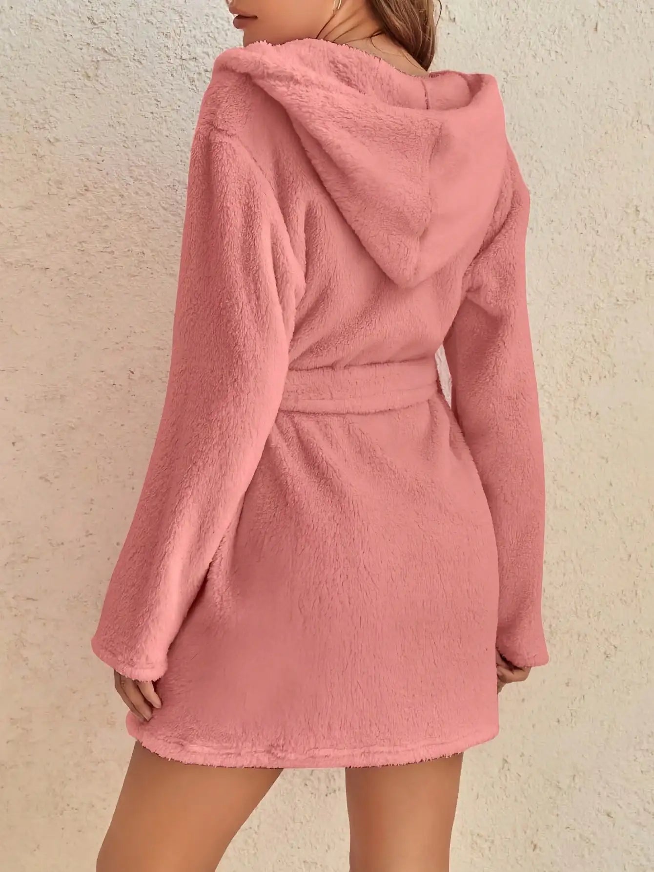 Women’s Hooded Fleece Robe – Solid Color Cozy Warm Bathrobe with Belt for Autumn & Winter Home Wear