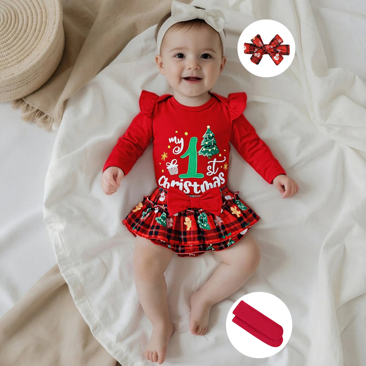 My First Christmas Baby Girl Outfit – Newborn Xmas Romper with Ruffle Tutu Skirt & Headband, Cute Holiday Dress