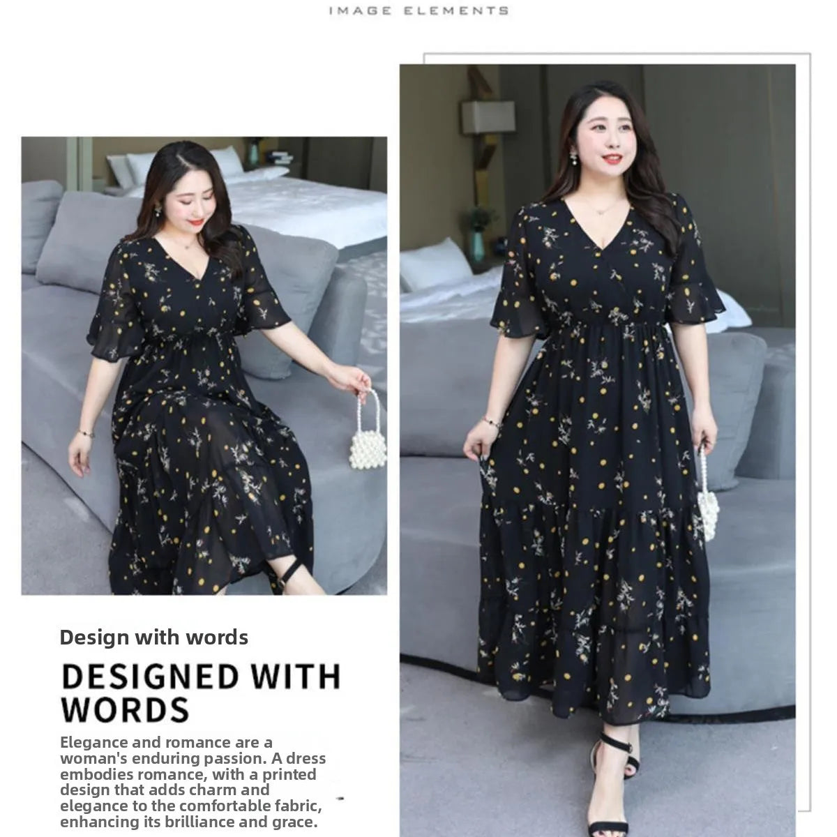 Plus Size Women's Floral Chiffon Dress – Elegant V-Neck A-Line Midi Dress with Flowy Skirt for Summer