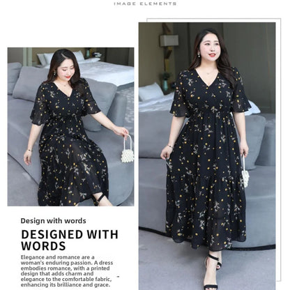 Plus Size Women's Floral Chiffon Dress – Elegant V-Neck A-Line Midi Dress with Flowy Skirt for Summer