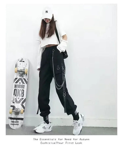 Pantalon Cargo Décontracté Noir pour Femmes Style Coréen Taille Haute Ample Hip Hop Jambe Droite Printemps Automne