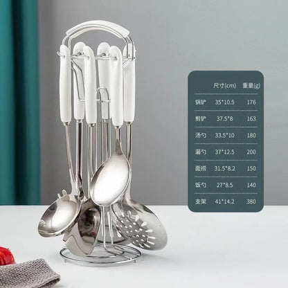 7PCS Stainless Steel Kitchen Utensil Set – Cooking Spatula & Soup Spoon with Ceramic Handles, Nordic Style Kitchenware