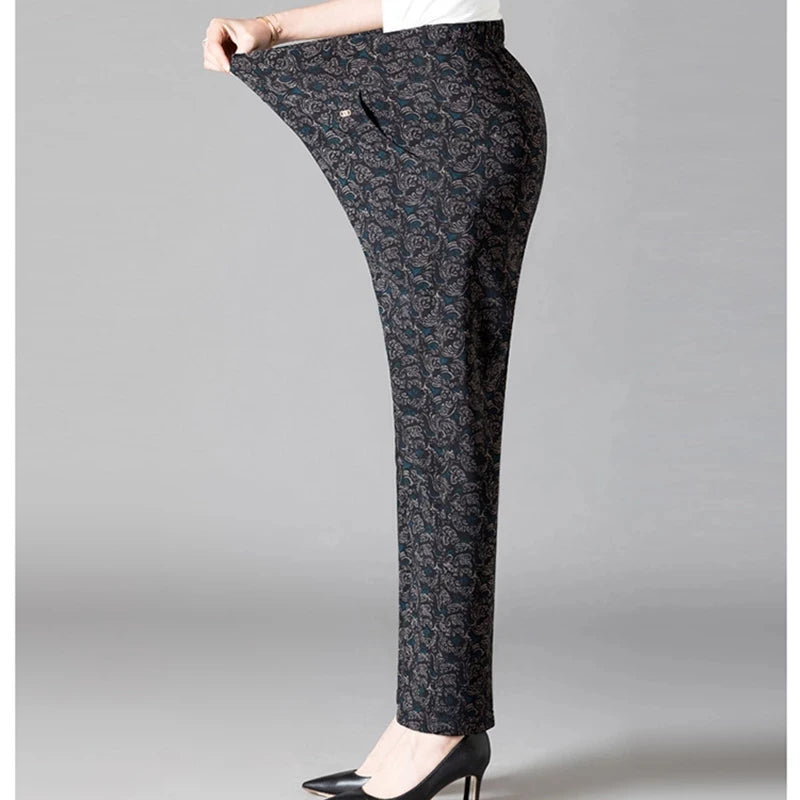 8XL Plus Size Women's Winter Pants – Printed Elastic High-Waist Velvet Trousers, Warm Straight-Leg Casual Oversized Fit