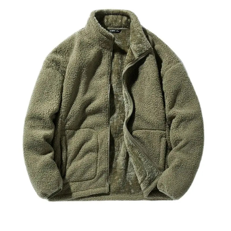 Men’s Winter Fleece Jacket – Solid Color Loose-Fit Warm Coat with Stand Collar, Casual Harajuku Streetwear Outerwear, Plus Size