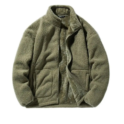 Men’s Winter Fleece Jacket – Solid Color Loose-Fit Warm Coat with Stand Collar, Casual Harajuku Streetwear Outerwear, Plus Size