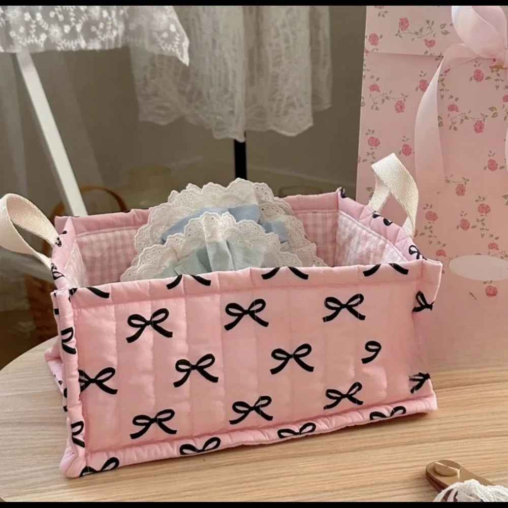 Cute Quilted Lace Storage Basket – Korean Desktop Organizer Bin for Cosmetics, Toys, Sundries & Home Décor