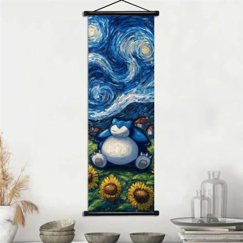 Pokémon Gengar, Squirtle y Mimikyu Noche Estrellada – Lienzo Decorativo Enrollable para Pared – Regalo para Decoración del Hogar