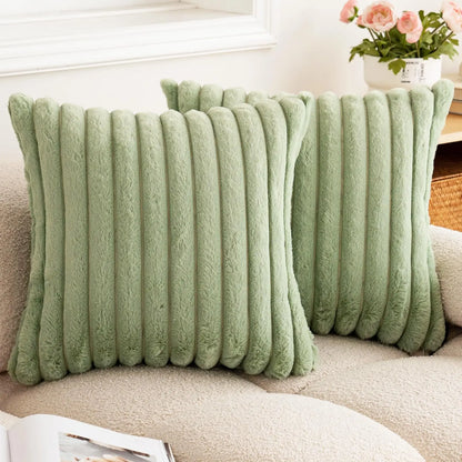Faux Rabbit Fur Throw Pillow Cover - Ultra Soft Striped Decorative Cushion Cover for Sofa, Bed & Living Room (40x40 & 45x45 cm)