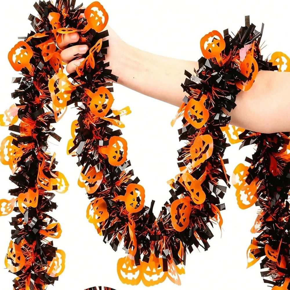 2M/4M Halloween Pumpkin Garland – Black & Orange Pumpkin Cutout Streamer, Spooky Hanging Decor for Front Doors, Outdoor Displays & Halloween Parties