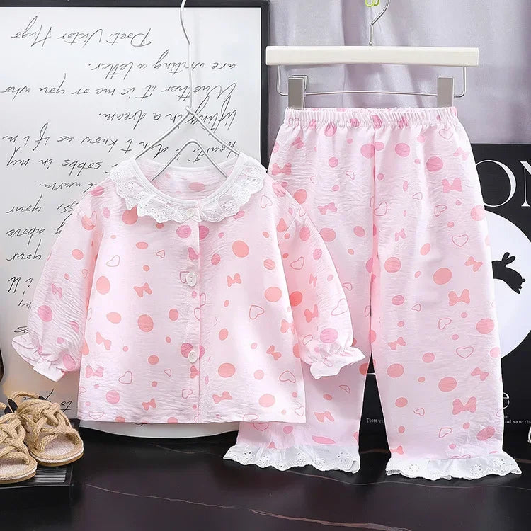 Conjunto de pijama de encaje floral para niñas – Traje de dormir de princesa de manga larga holgado con pantalones para niños