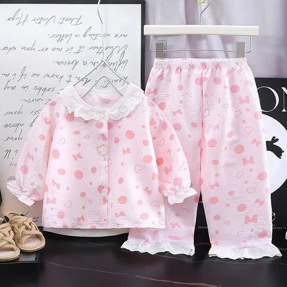 Conjunto de pijama de encaje floral para niñas – Traje de dormir de princesa de manga larga holgado con pantalones para niños