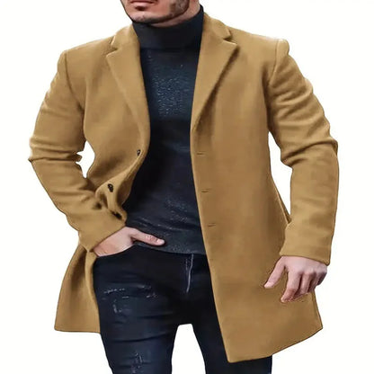 Men’s Mid-Length Woolen Overcoat – Solid Color Warm Coat, Classic Windbreaker-Style Outerwear Available in Multiple Colors