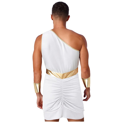 Men’s Ancient Greek & Egyptian Pharaoh Cosplay Costume – Metallic Shiny Toga Robe with Sleeves for Halloween & Roleplay