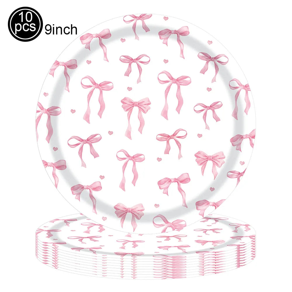 Kit de Fête d'Anniversaire Rose – Thème Princesse Bannière, Ballons Nœud, Pailles, Assiettes en Papier Jetables, Serviettes et Gobelets Vaisselle Décorations pour Fêtes d'Anniversaire de Filles