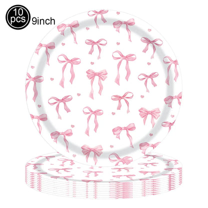 Kit de Fête d'Anniversaire Rose – Thème Princesse Bannière, Ballons Nœud, Pailles, Assiettes en Papier Jetables, Serviettes et Gobelets Vaisselle Décorations pour Fêtes d'Anniversaire de Filles