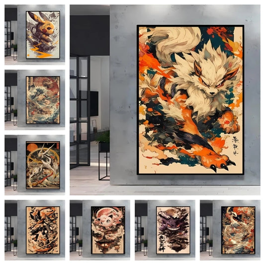 Lienzo decorativo de Pokémon Arcanine y Pikachu – Pintura anime de alta calidad para una decoración colorida del hogar y la habitación