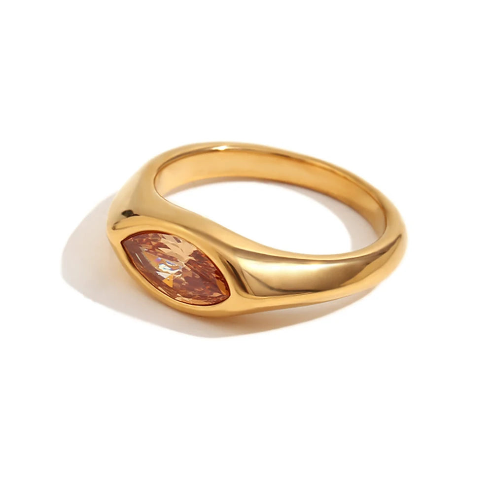 18K Gold Plated Horse Eye Zircon Signet Ring – Hypoallergenic 316L Stainless Steel Colorful Statement Ring for Women